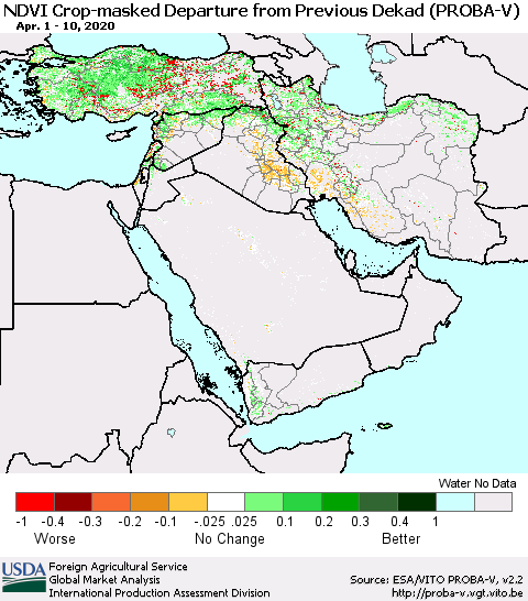 Middle East and Turkey NDVI Crop-masked Departure from Previous Dekad (PROBA-V) Thematic Map For 4/1/2020 - 4/10/2020