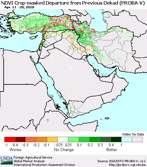 Middle East and Turkey NDVI Crop-masked Departure from Previous Dekad (PROBA-V) Thematic Map For 4/11/2020 - 4/20/2020