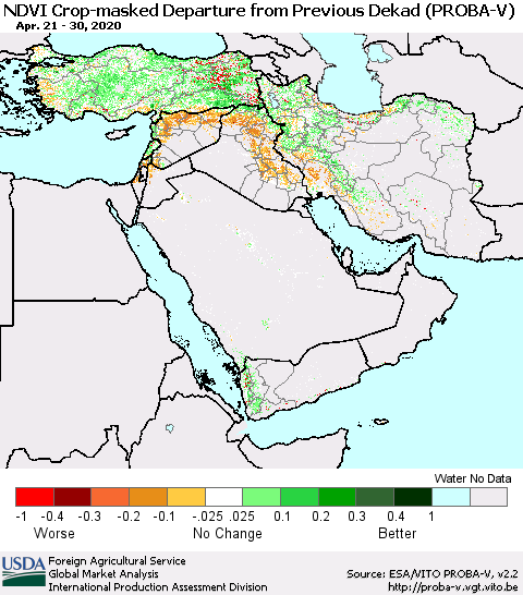 Middle East and Turkey NDVI Crop-masked Departure from Previous Dekad (PROBA-V) Thematic Map For 4/21/2020 - 4/30/2020