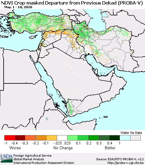 Middle East and Turkey NDVI Crop-masked Departure from Previous Dekad (PROBA-V) Thematic Map For 5/1/2020 - 5/10/2020