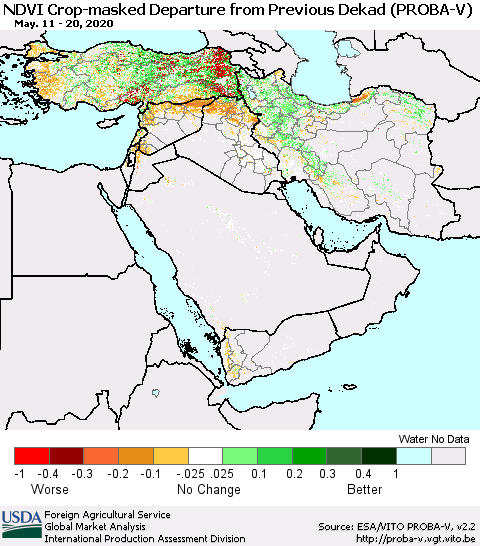 Middle East and Turkey NDVI Crop-masked Departure from Previous Dekad (PROBA-V) Thematic Map For 5/11/2020 - 5/20/2020
