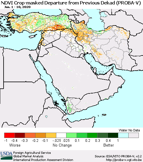 Middle East and Turkey NDVI Crop-masked Departure from Previous Dekad (PROBA-V) Thematic Map For 6/1/2020 - 6/10/2020