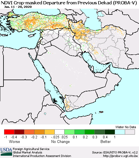 Middle East and Turkey NDVI Crop-masked Departure from Previous Dekad (PROBA-V) Thematic Map For 6/11/2020 - 6/20/2020