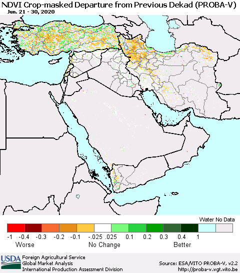 Middle East and Turkey NDVI Crop-masked Departure from Previous Dekad (PROBA-V) Thematic Map For 6/21/2020 - 6/30/2020