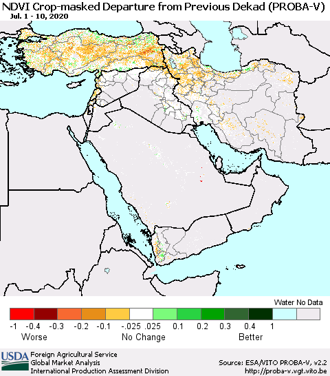 Middle East and Turkey NDVI Crop-masked Departure from Previous Dekad (PROBA-V) Thematic Map For 7/1/2020 - 7/10/2020