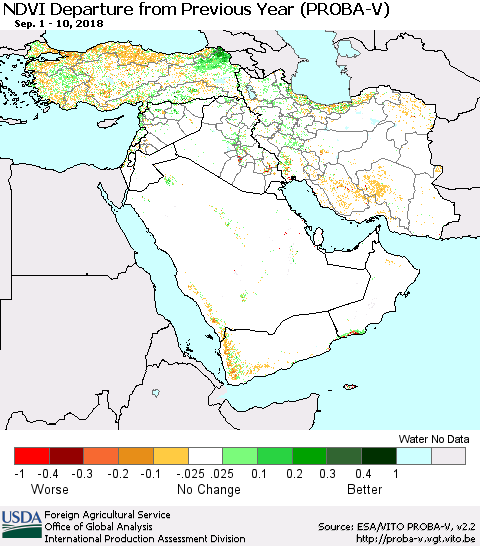Middle East and Turkey NDVI Departure from Previous Year (PROBA-V) Thematic Map For 9/1/2018 - 9/10/2018