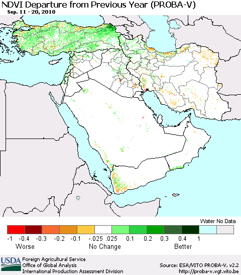 Middle East and Turkey NDVI Departure from Previous Year (PROBA-V) Thematic Map For 9/11/2018 - 9/20/2018