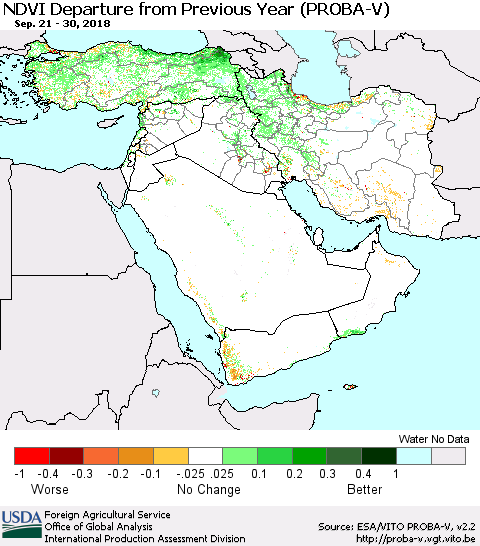 Middle East and Turkey NDVI Departure from Previous Year (PROBA-V) Thematic Map For 9/21/2018 - 9/30/2018