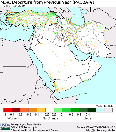 Middle East and Turkey NDVI Departure from Previous Year (PROBA-V) Thematic Map For 10/1/2018 - 10/10/2018