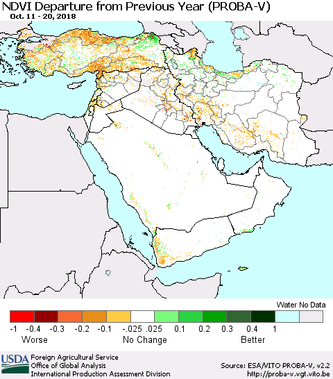 Middle East and Turkey NDVI Departure from Previous Year (PROBA-V) Thematic Map For 10/11/2018 - 10/20/2018