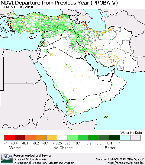 Middle East and Turkey NDVI Departure from Previous Year (PROBA-V) Thematic Map For 10/21/2018 - 10/31/2018