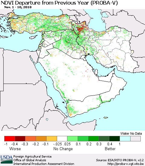 Middle East and Turkey NDVI Departure from Previous Year (PROBA-V) Thematic Map For 11/1/2018 - 11/10/2018