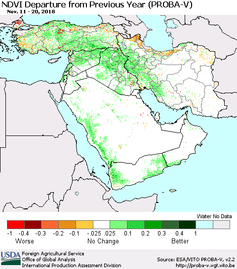 Middle East and Turkey NDVI Departure from Previous Year (PROBA-V) Thematic Map For 11/11/2018 - 11/20/2018