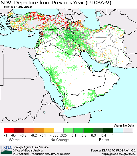 Middle East and Turkey NDVI Departure from Previous Year (PROBA-V) Thematic Map For 11/21/2018 - 11/30/2018