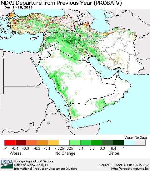 Middle East and Turkey NDVI Departure from Previous Year (PROBA-V) Thematic Map For 12/1/2018 - 12/10/2018
