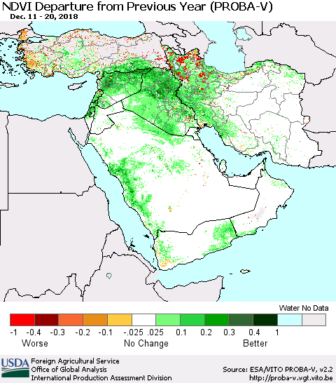 Middle East and Turkey NDVI Departure from Previous Year (PROBA-V) Thematic Map For 12/11/2018 - 12/20/2018