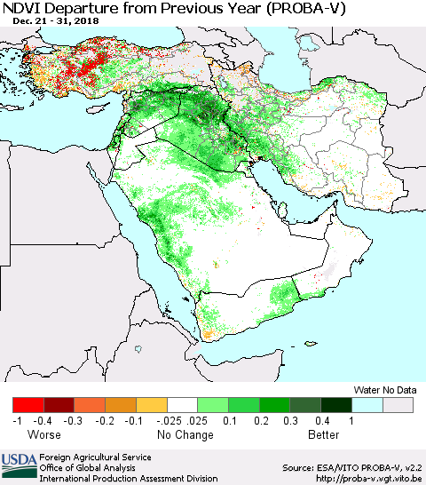 Middle East and Turkey NDVI Departure from Previous Year (PROBA-V) Thematic Map For 12/21/2018 - 12/31/2018