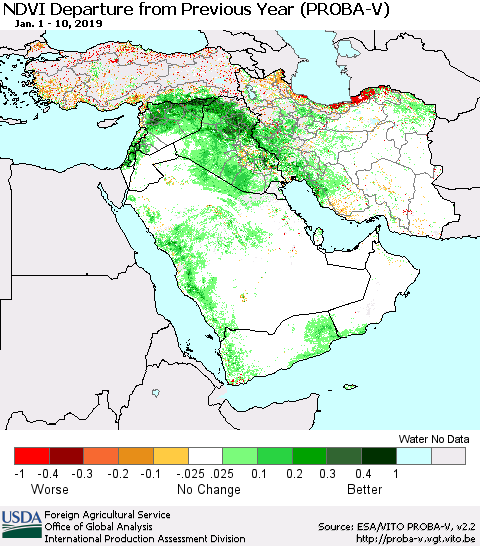 Middle East and Turkey NDVI Departure from Previous Year (PROBA-V) Thematic Map For 1/1/2019 - 1/10/2019