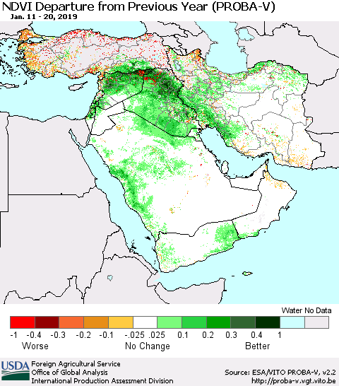Middle East and Turkey NDVI Departure from Previous Year (PROBA-V) Thematic Map For 1/11/2019 - 1/20/2019