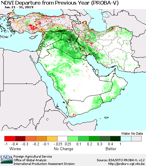 Middle East and Turkey NDVI Departure from Previous Year (PROBA-V) Thematic Map For 1/21/2019 - 1/31/2019