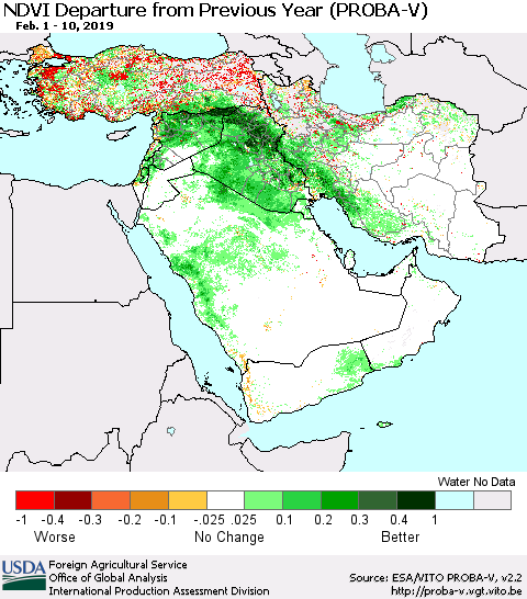 Middle East and Turkey NDVI Departure from Previous Year (PROBA-V) Thematic Map For 2/1/2019 - 2/10/2019