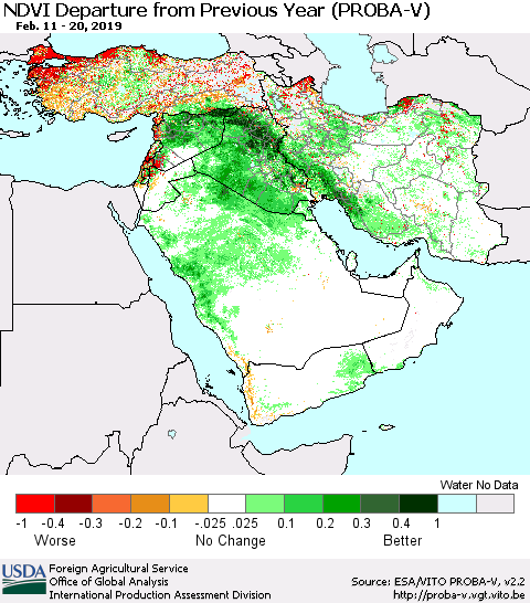 Middle East and Turkey NDVI Departure from Previous Year (PROBA-V) Thematic Map For 2/11/2019 - 2/20/2019