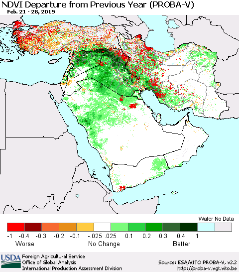 Middle East and Turkey NDVI Departure from Previous Year (PROBA-V) Thematic Map For 2/21/2019 - 2/28/2019