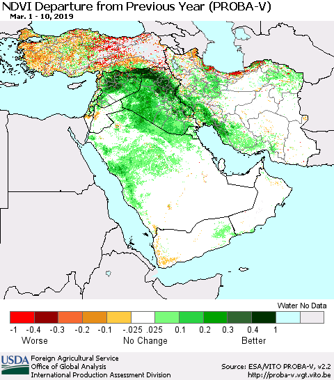 Middle East and Turkey NDVI Departure from Previous Year (PROBA-V) Thematic Map For 3/1/2019 - 3/10/2019