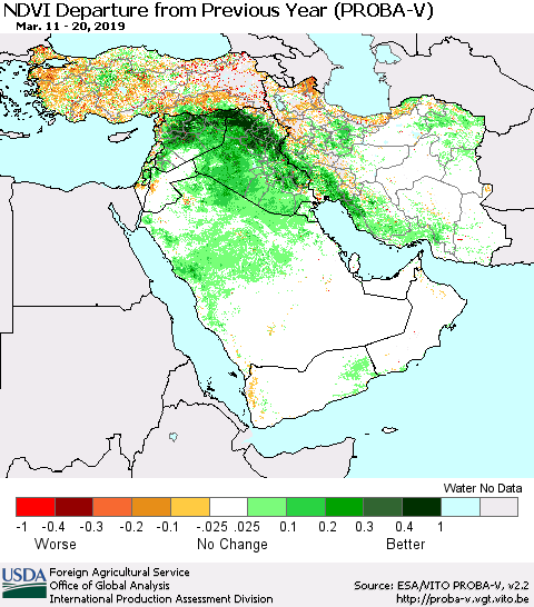 Middle East and Turkey NDVI Departure from Previous Year (PROBA-V) Thematic Map For 3/11/2019 - 3/20/2019