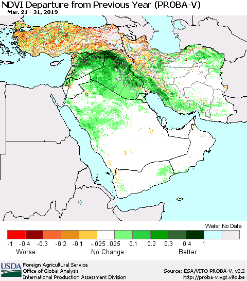 Middle East and Turkey NDVI Departure from Previous Year (PROBA-V) Thematic Map For 3/21/2019 - 3/31/2019