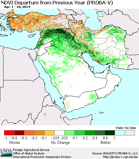 Middle East and Turkey NDVI Departure from Previous Year (PROBA-V) Thematic Map For 4/1/2019 - 4/10/2019