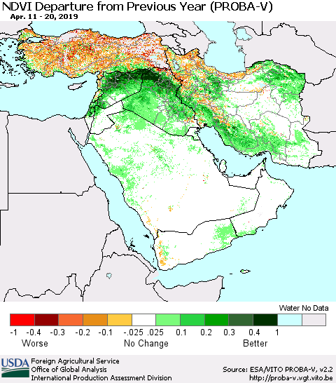 Middle East and Turkey NDVI Departure from Previous Year (PROBA-V) Thematic Map For 4/11/2019 - 4/20/2019