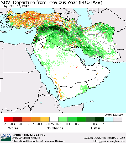 Middle East and Turkey NDVI Departure from Previous Year (PROBA-V) Thematic Map For 4/21/2019 - 4/30/2019