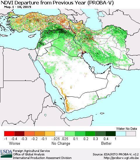 Middle East and Turkey NDVI Departure from Previous Year (PROBA-V) Thematic Map For 5/1/2019 - 5/10/2019