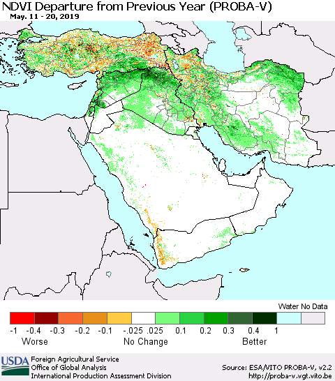Middle East and Turkey NDVI Departure from Previous Year (PROBA-V) Thematic Map For 5/11/2019 - 5/20/2019