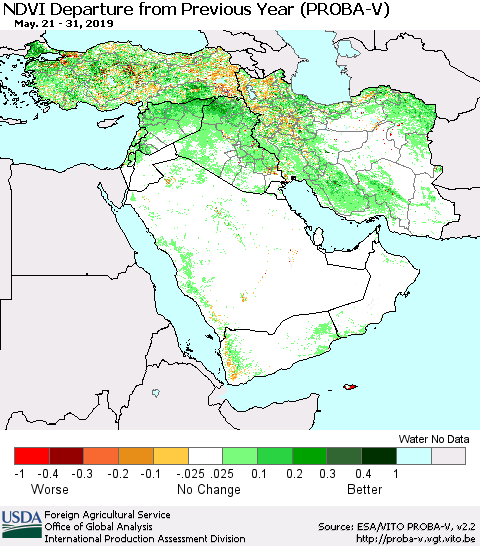 Middle East and Turkey NDVI Departure from Previous Year (PROBA-V) Thematic Map For 5/21/2019 - 5/31/2019