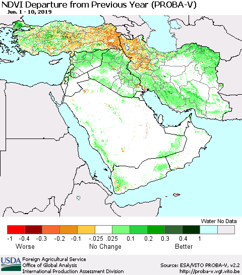 Middle East and Turkey NDVI Departure from Previous Year (PROBA-V) Thematic Map For 6/1/2019 - 6/10/2019