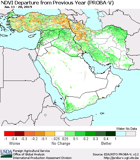 Middle East and Turkey NDVI Departure from Previous Year (PROBA-V) Thematic Map For 6/11/2019 - 6/20/2019