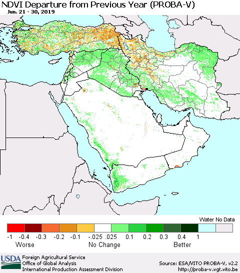 Middle East and Turkey NDVI Departure from Previous Year (PROBA-V) Thematic Map For 6/21/2019 - 6/30/2019