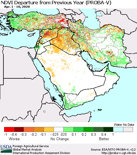 Middle East and Turkey NDVI Departure from Previous Year (PROBA-V) Thematic Map For 4/1/2020 - 4/10/2020