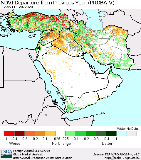 Middle East and Turkey NDVI Departure from Previous Year (PROBA-V) Thematic Map For 4/11/2020 - 4/20/2020