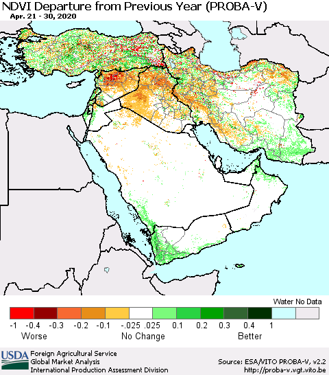 Middle East and Turkey NDVI Departure from Previous Year (PROBA-V) Thematic Map For 4/21/2020 - 4/30/2020