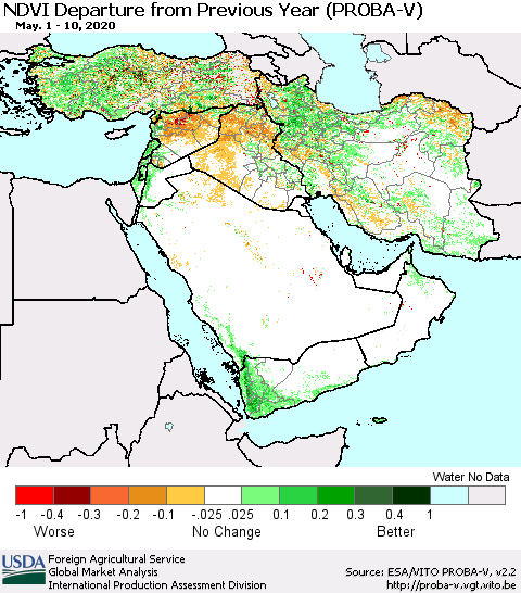 Middle East and Turkey NDVI Departure from Previous Year (PROBA-V) Thematic Map For 5/1/2020 - 5/10/2020