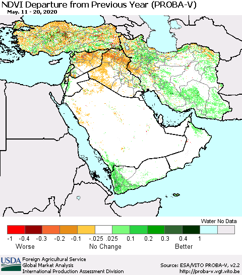 Middle East and Turkey NDVI Departure from Previous Year (PROBA-V) Thematic Map For 5/11/2020 - 5/20/2020