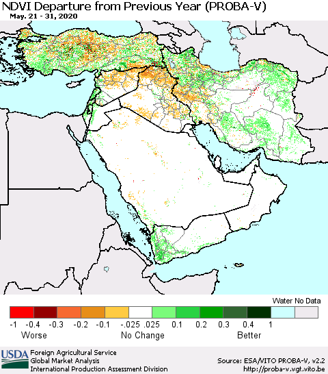Middle East and Turkey NDVI Departure from Previous Year (PROBA-V) Thematic Map For 5/21/2020 - 5/31/2020