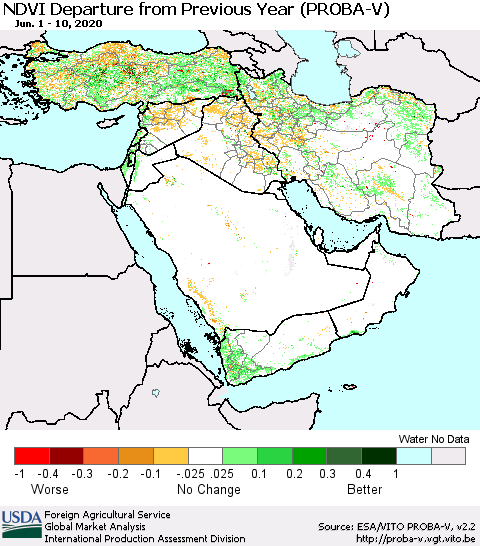 Middle East and Turkey NDVI Departure from Previous Year (PROBA-V) Thematic Map For 6/1/2020 - 6/10/2020