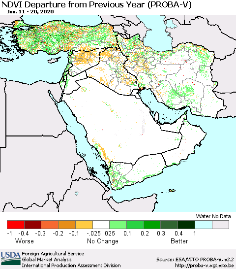 Middle East and Turkey NDVI Departure from Previous Year (PROBA-V) Thematic Map For 6/11/2020 - 6/20/2020