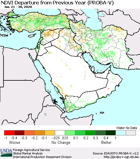Middle East and Turkey NDVI Departure from Previous Year (PROBA-V) Thematic Map For 6/21/2020 - 6/30/2020