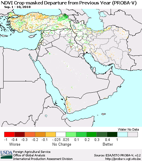 Middle East and Turkey NDVI Crop-masked Departure from Previous Year (PROBA-V) Thematic Map For 9/1/2018 - 9/10/2018