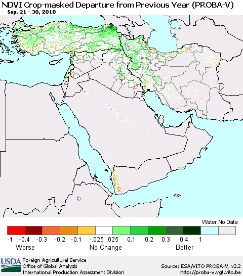 Middle East and Turkey NDVI Crop-masked Departure from Previous Year (PROBA-V) Thematic Map For 9/21/2018 - 9/30/2018